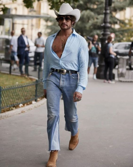 Light Blue Shirt with Light Wash Jeans and Cowboy Hat 